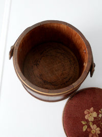 antique firkin sugar bucket with needlepoint lid