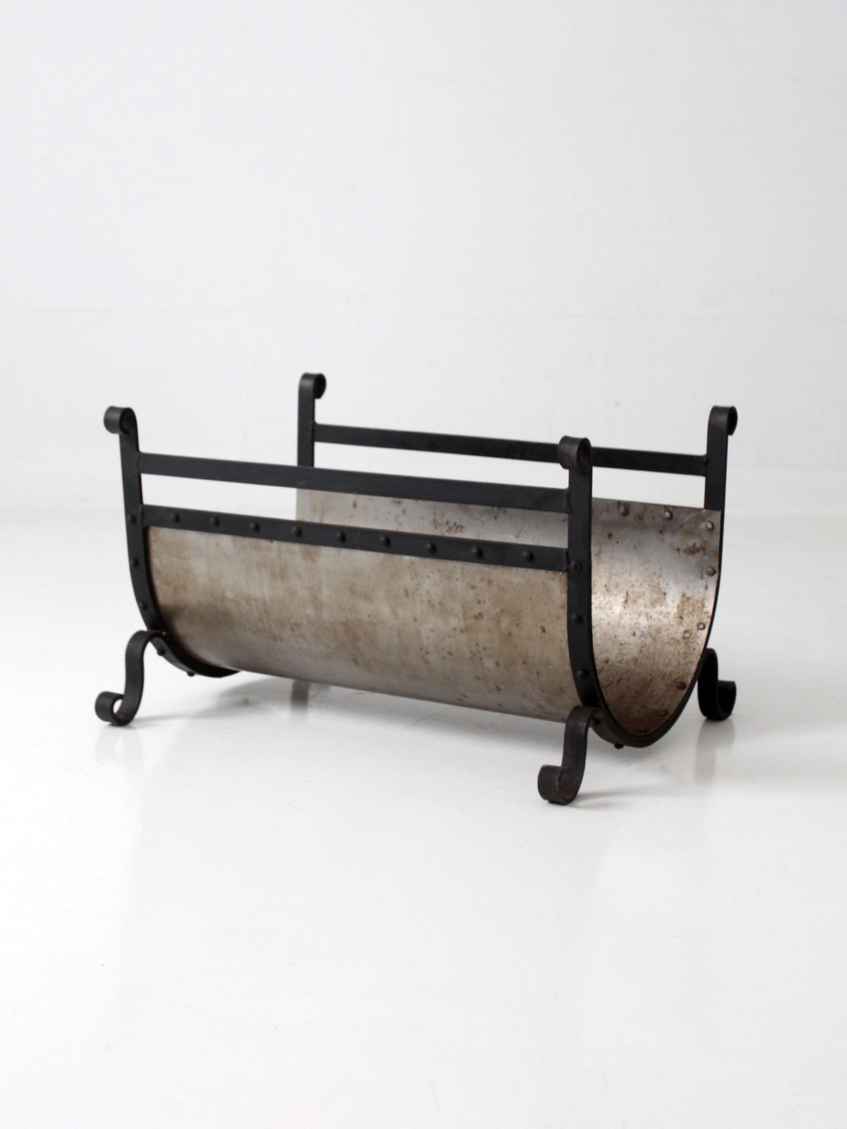 vintage iron and steel fireplace log holder