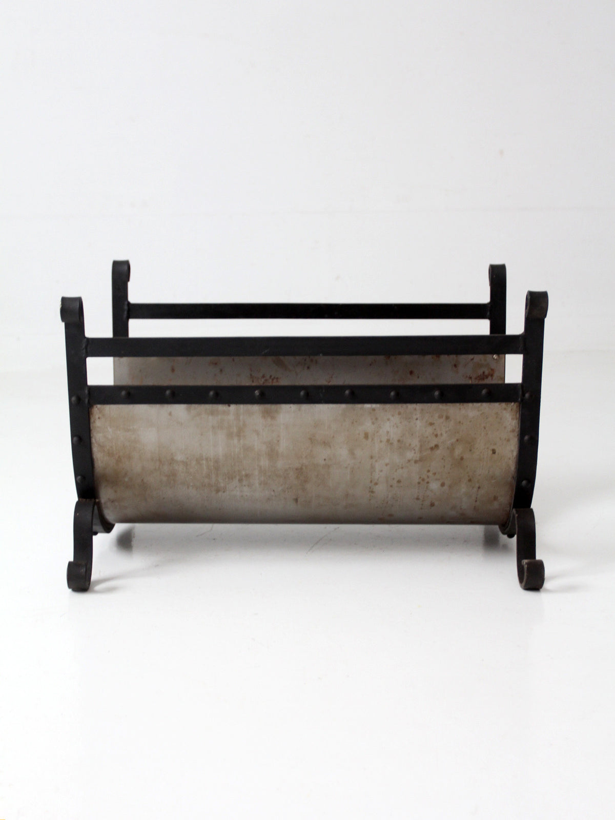 vintage iron and steel fireplace log holder