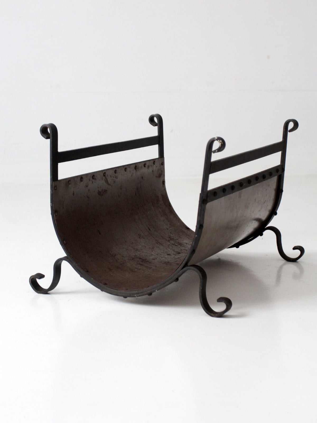 vintage iron and steel fireplace log holder