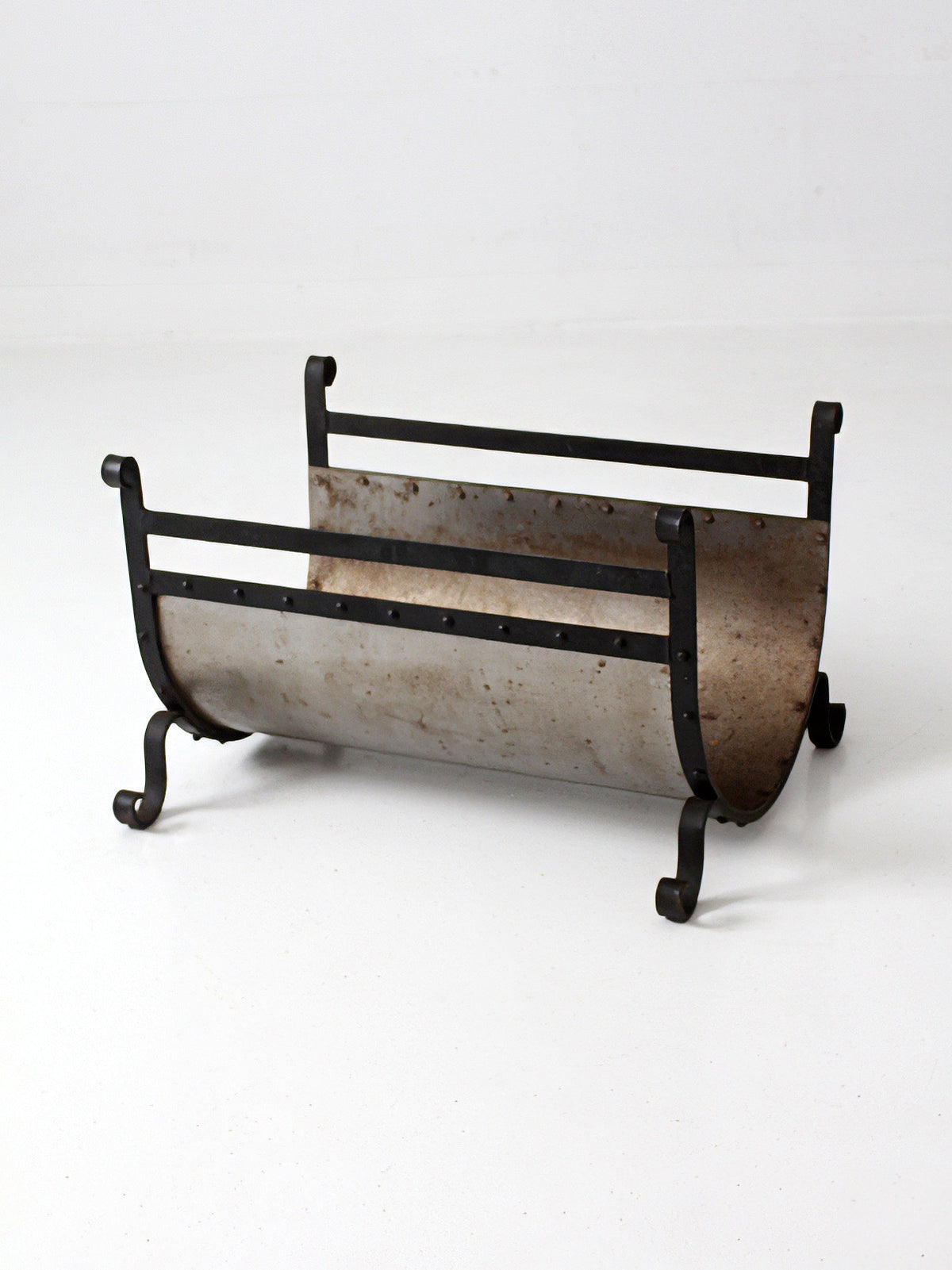 vintage iron and steel fireplace log holder
