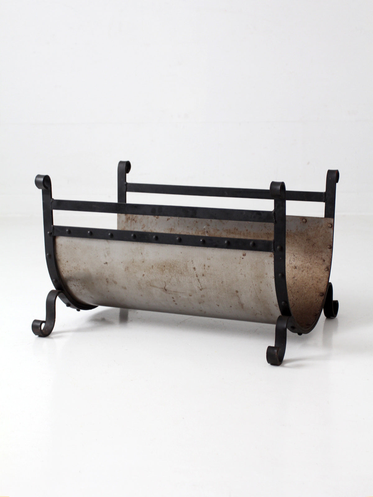 vintage iron and steel fireplace log holder