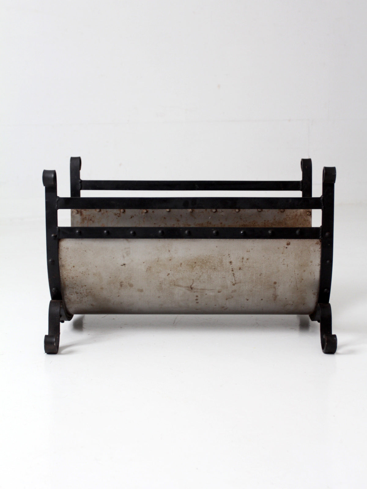 vintage iron and steel fireplace log holder