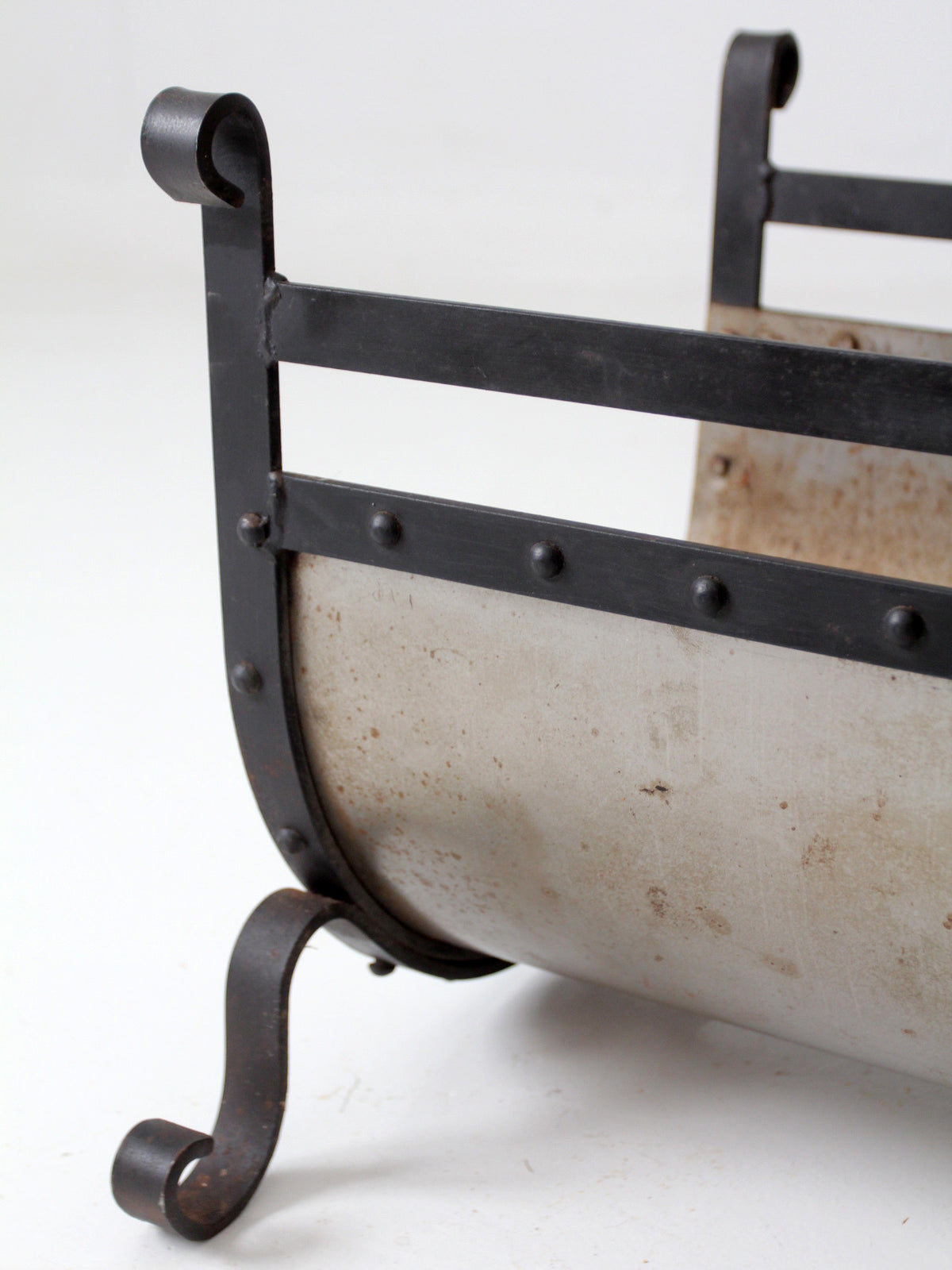 vintage iron and steel fireplace log holder