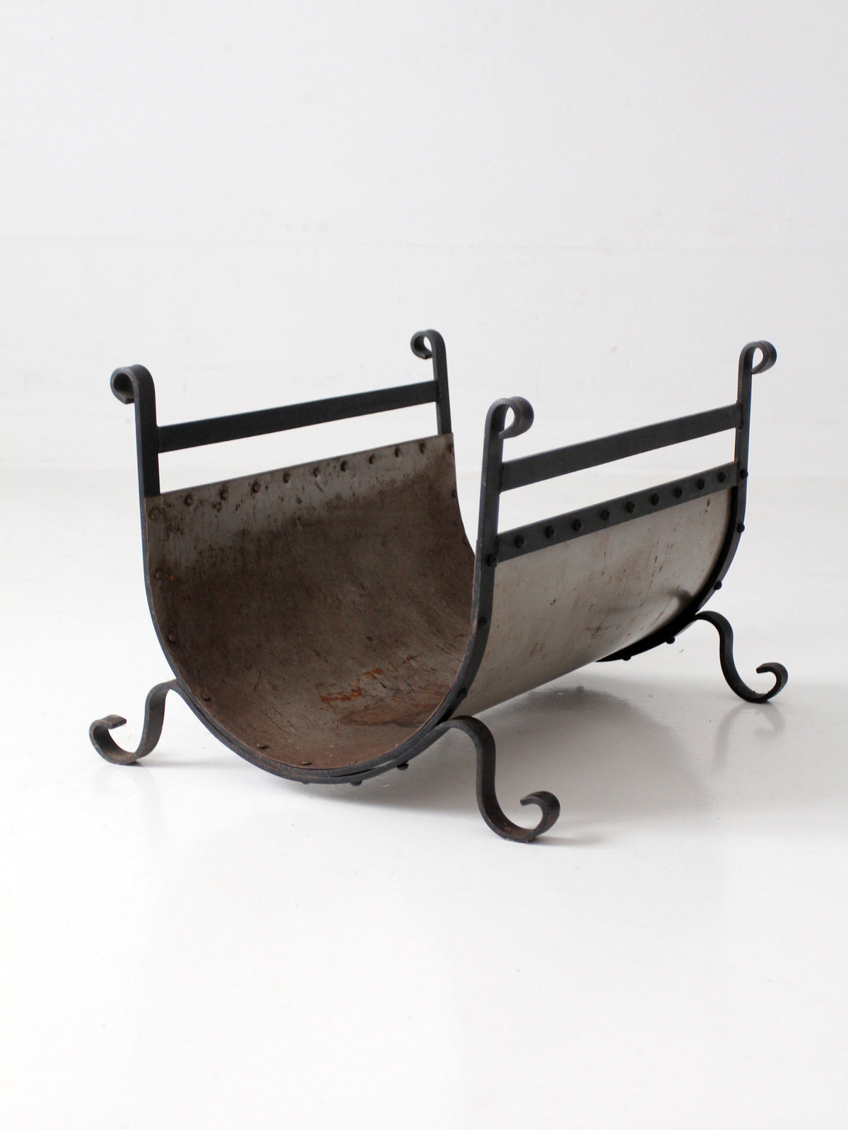 vintage iron and steel fireplace log holder