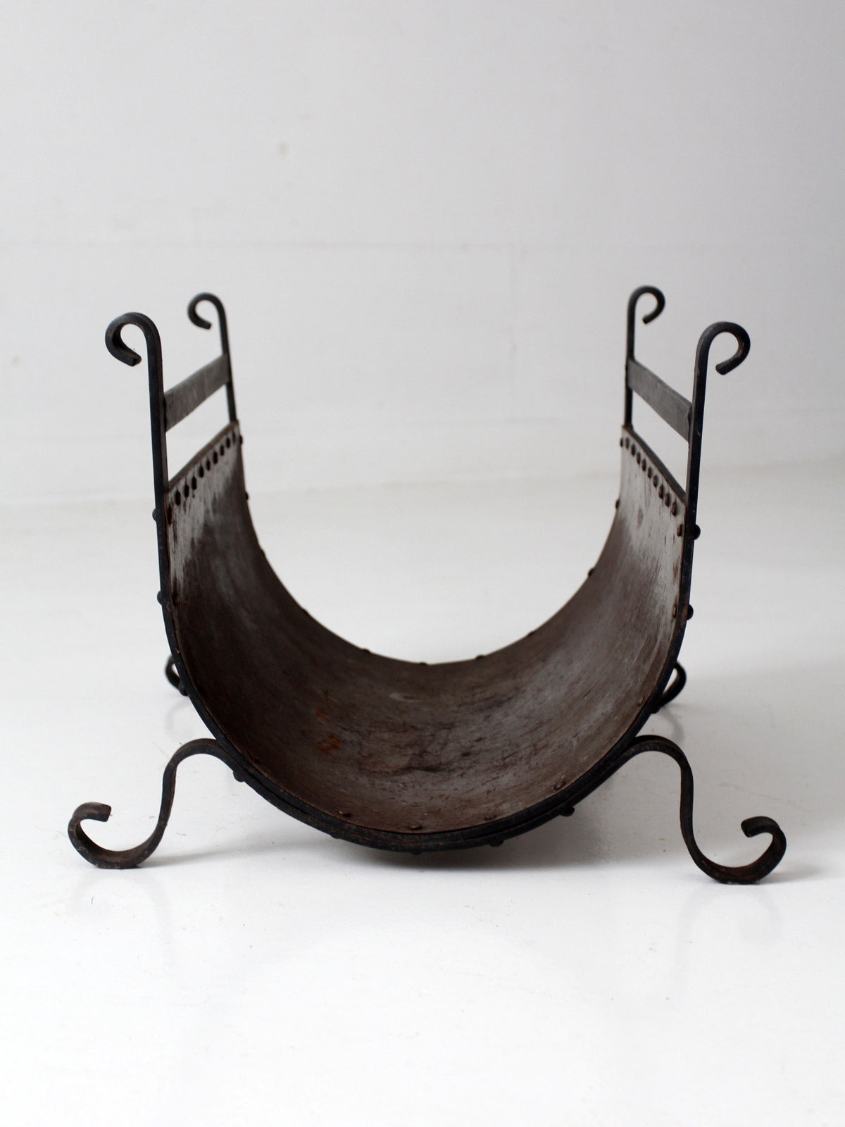 vintage iron and steel fireplace log holder