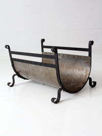 vintage iron and steel fireplace log holder