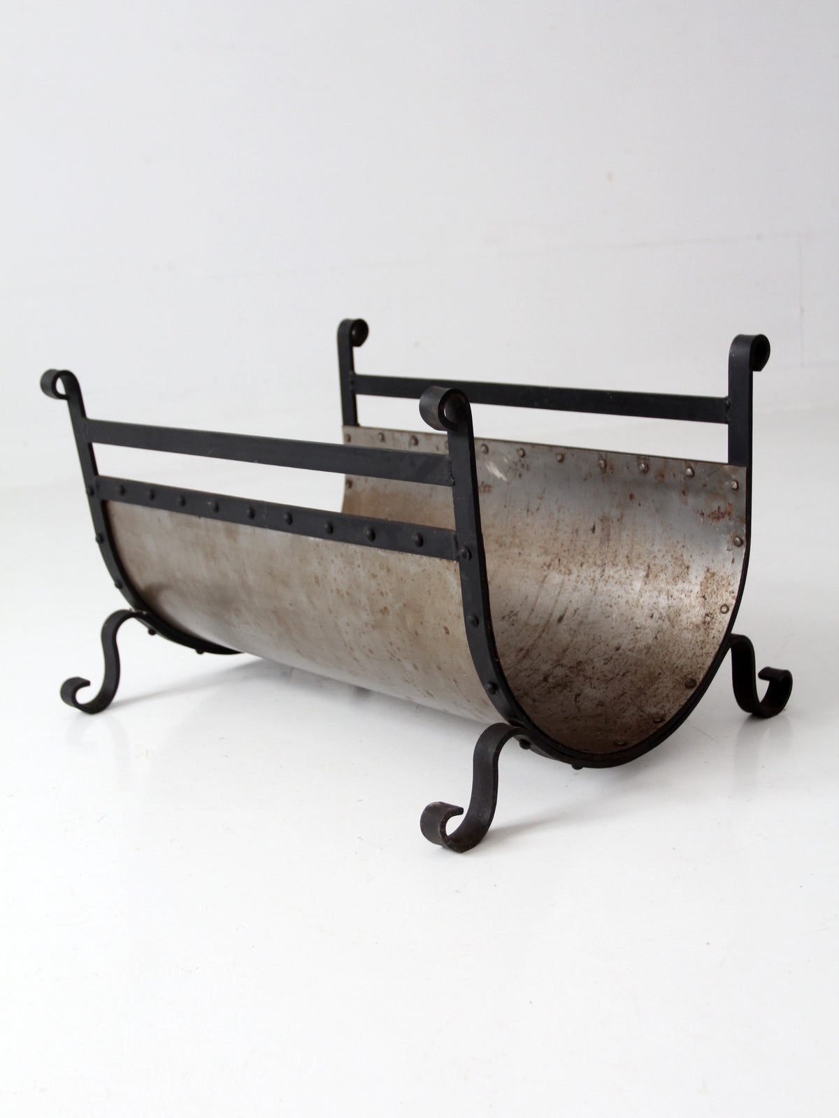 vintage iron and steel fireplace log holder