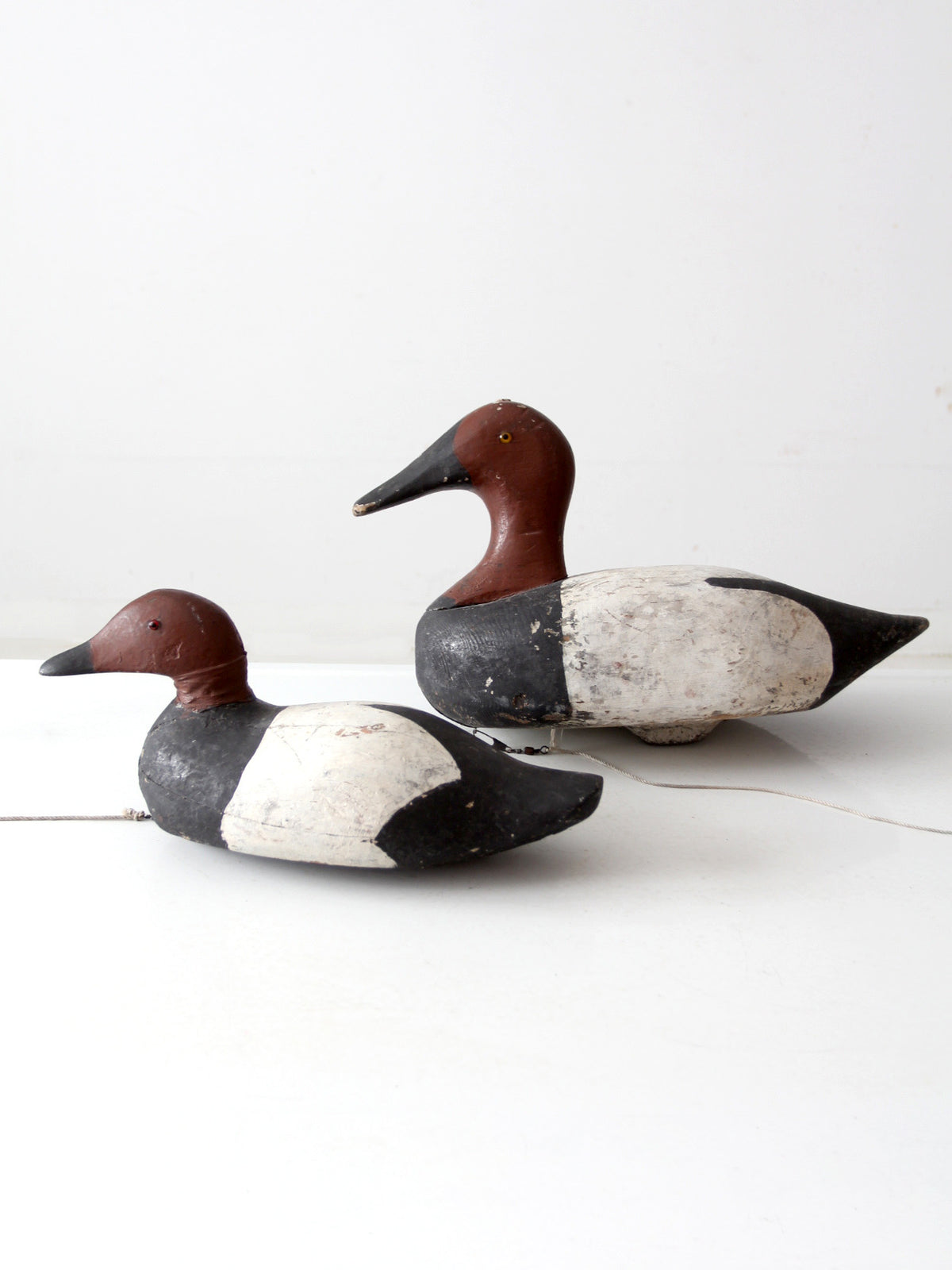 Two vintage hand-painted wooden duck decoy ducks on a white background. One decoy is in the foreground and the other is behind it, both featuring a reddish-brown head, black neck and back, and a white belly.