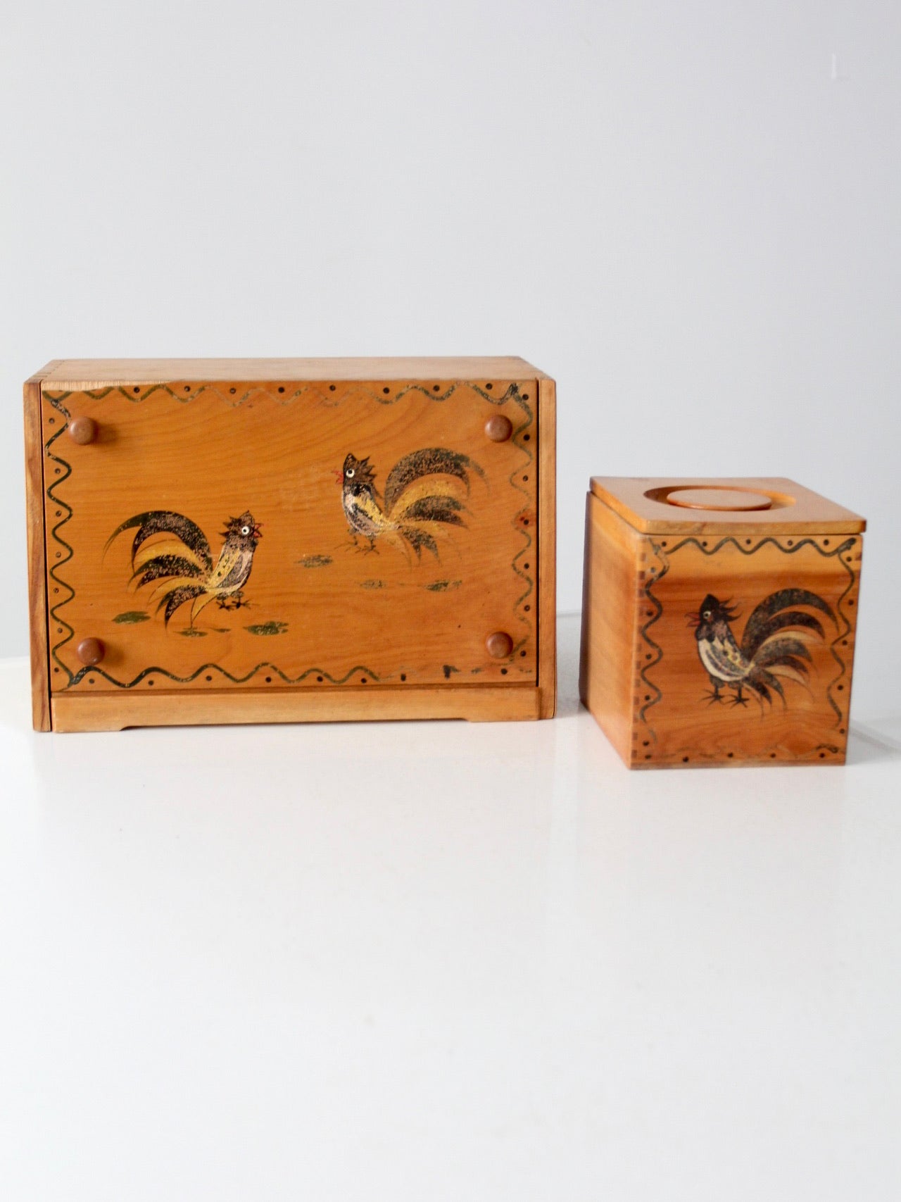 mid-century Woodpecker Woodware rooster bread box & canister set