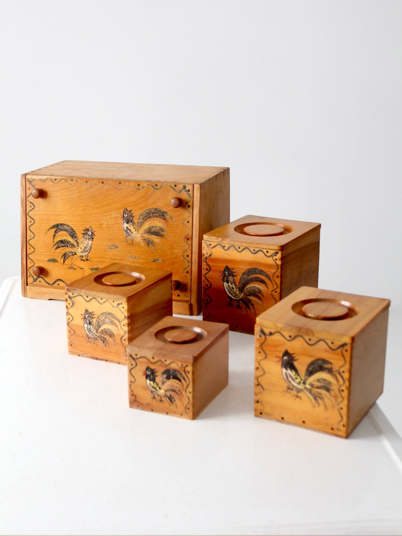 mid-century Woodpecker Woodware rooster bread box & canister set