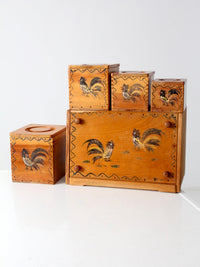 mid-century Woodpecker Woodware rooster bread box & canister set