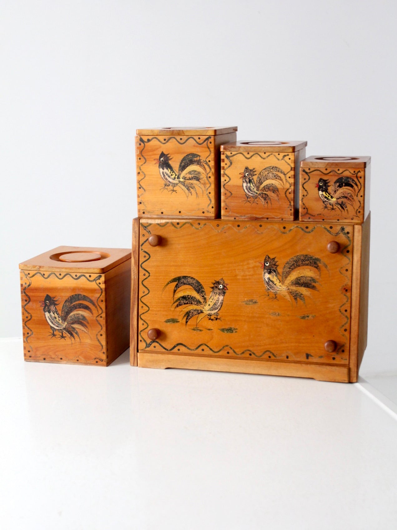 mid-century Woodpecker Woodware rooster bread box & canister set