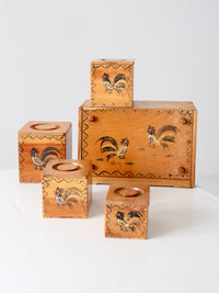 mid-century Woodpecker Woodware rooster bread box & canister set