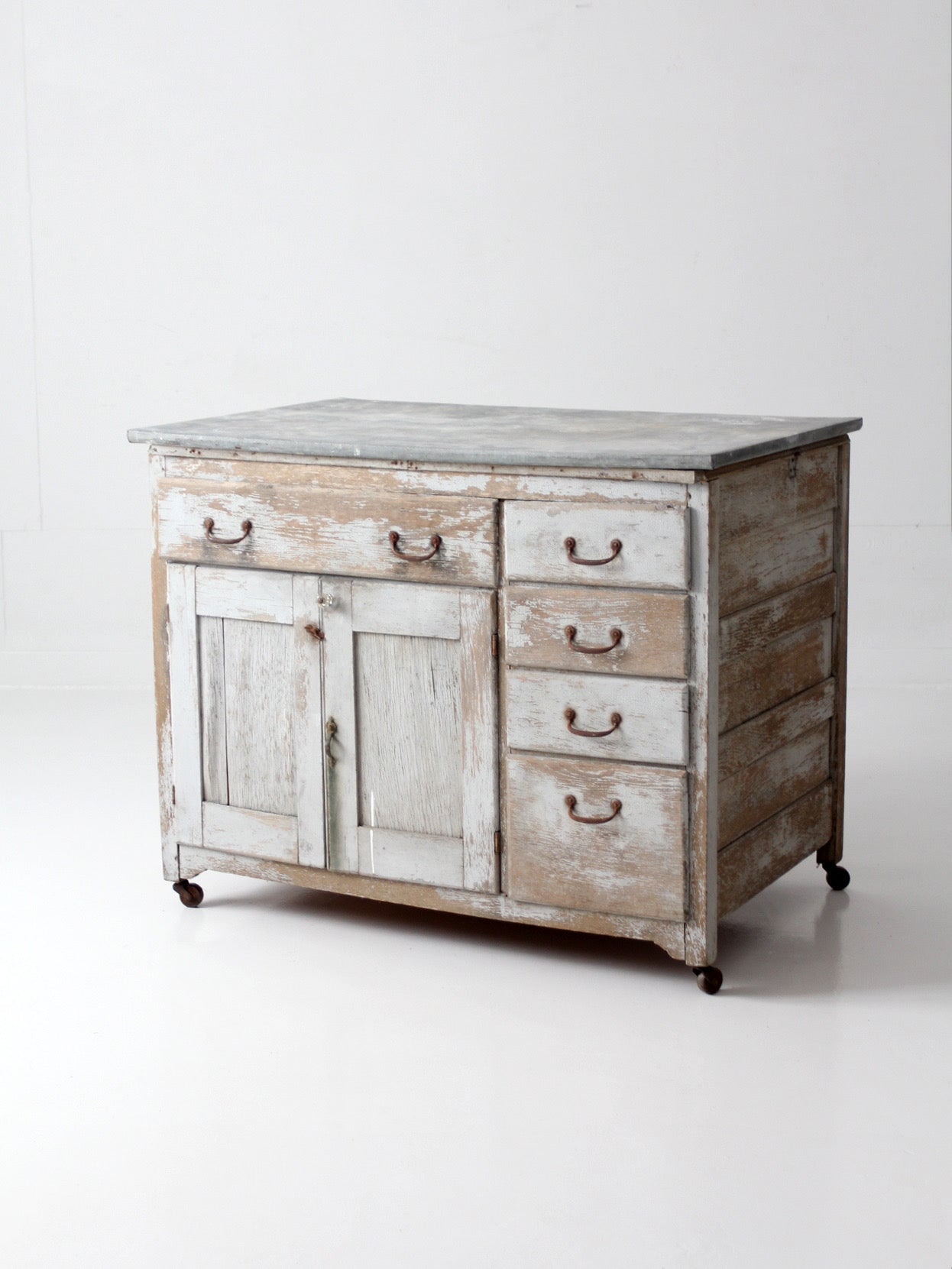 antique farmhouse kitchen work table with galvanized top