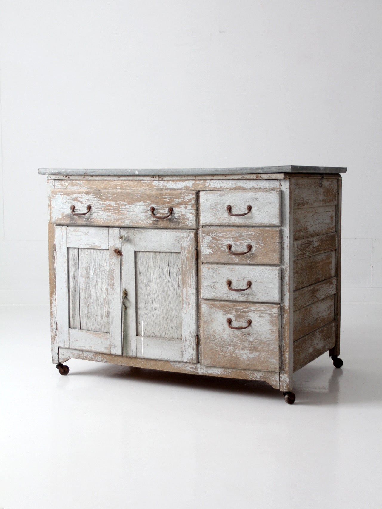 antique farmhouse kitchen work table with galvanized top