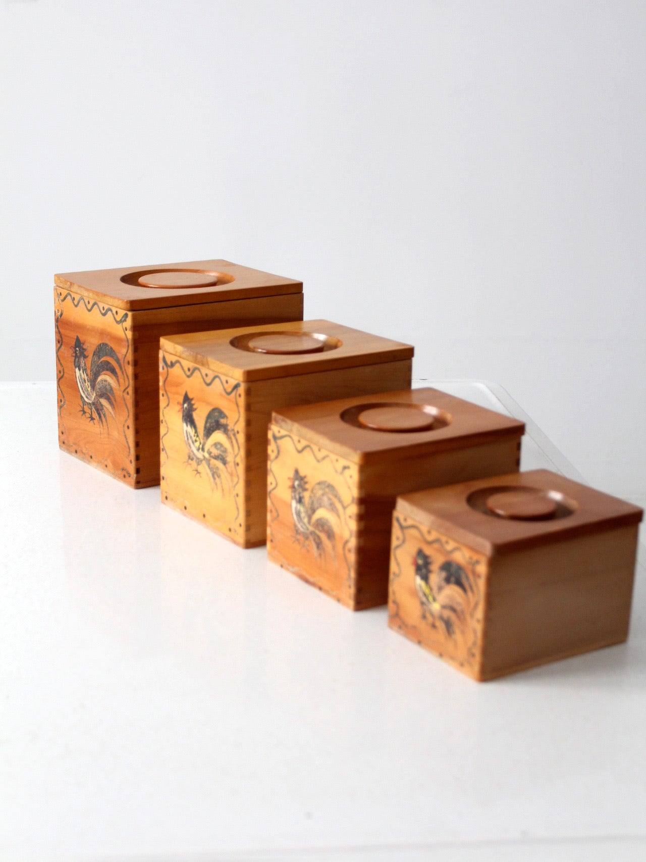 mid-century Woodpecker Woodware rooster bread box & canister set