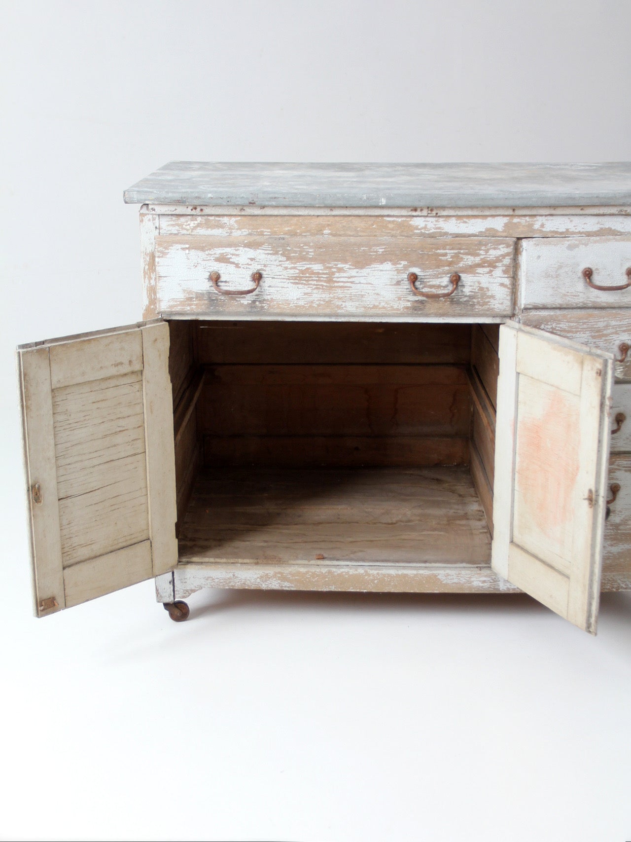 antique farmhouse kitchen work table with galvanized top