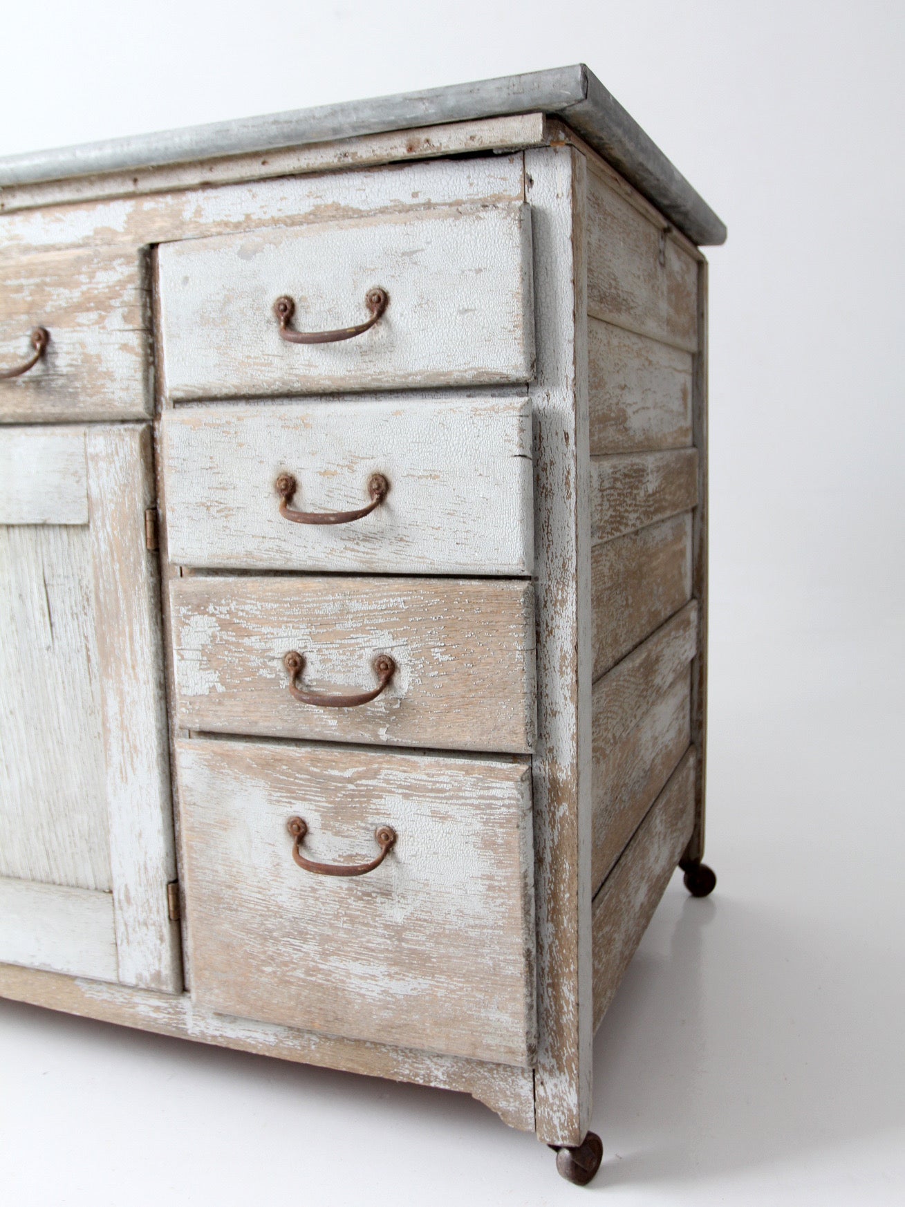 antique farmhouse kitchen work table with galvanized top