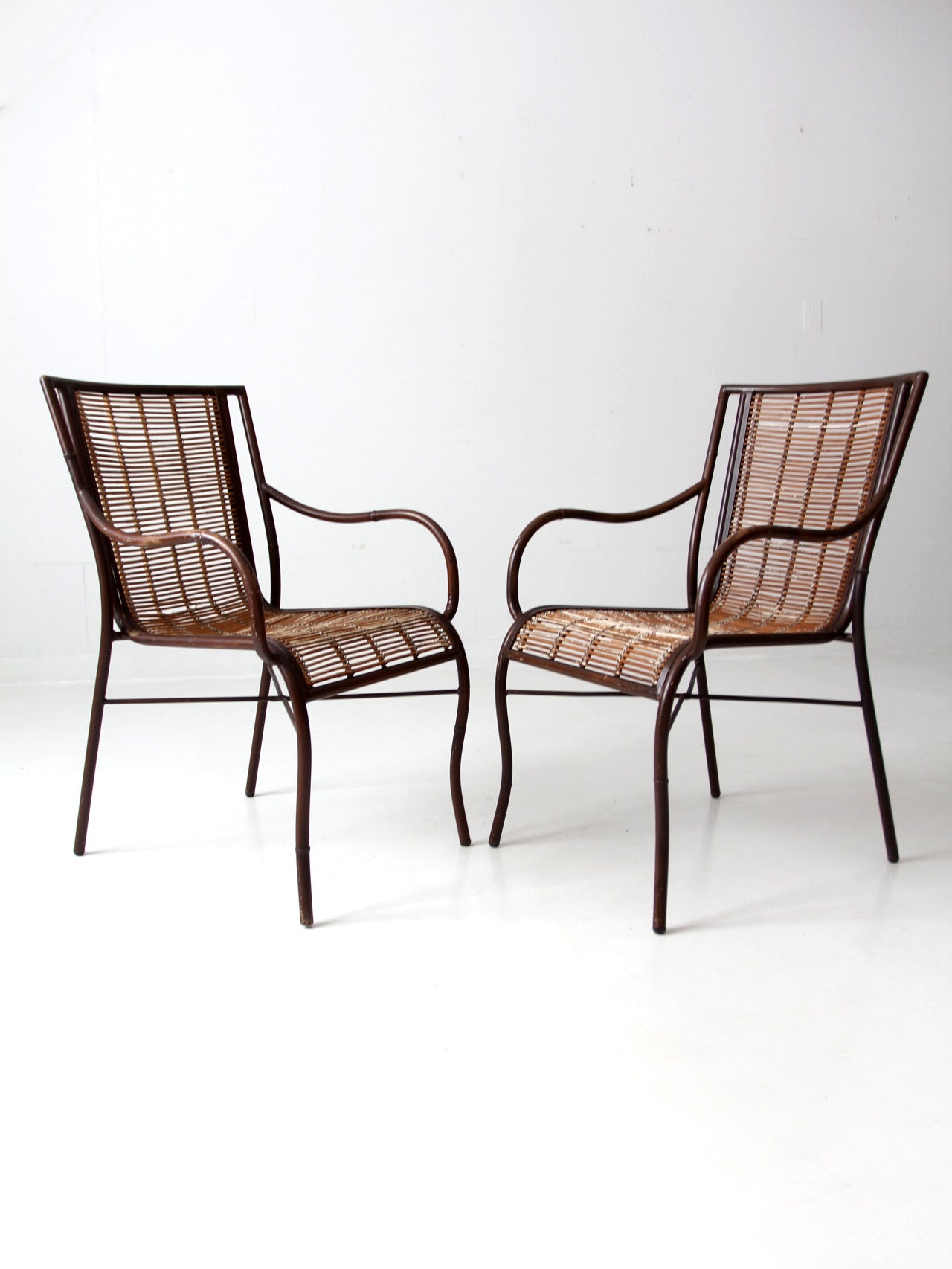 mid century rattan arm chairs pair