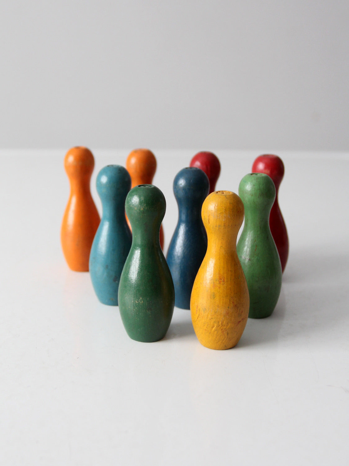 vintage colorful wooden skittles tabletop bowling game