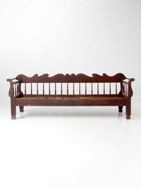antique 19th century wooden spindle back bench with scalloped crest rail