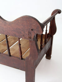 antique 19th century wooden spindle back bench with scalloped crest rail
