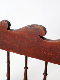 antique 19th century wooden spindle back bench with scalloped crest rail
