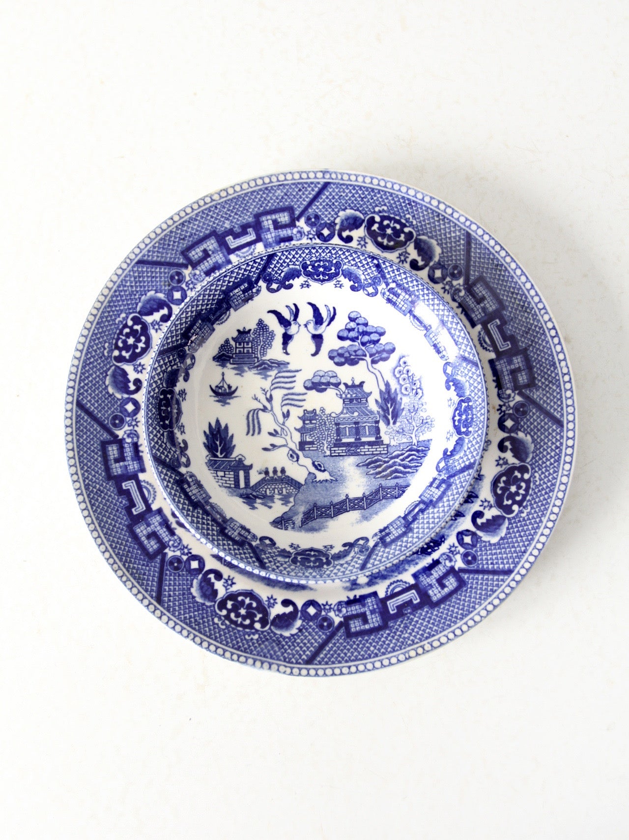vintage Japanese blue willow dish pair