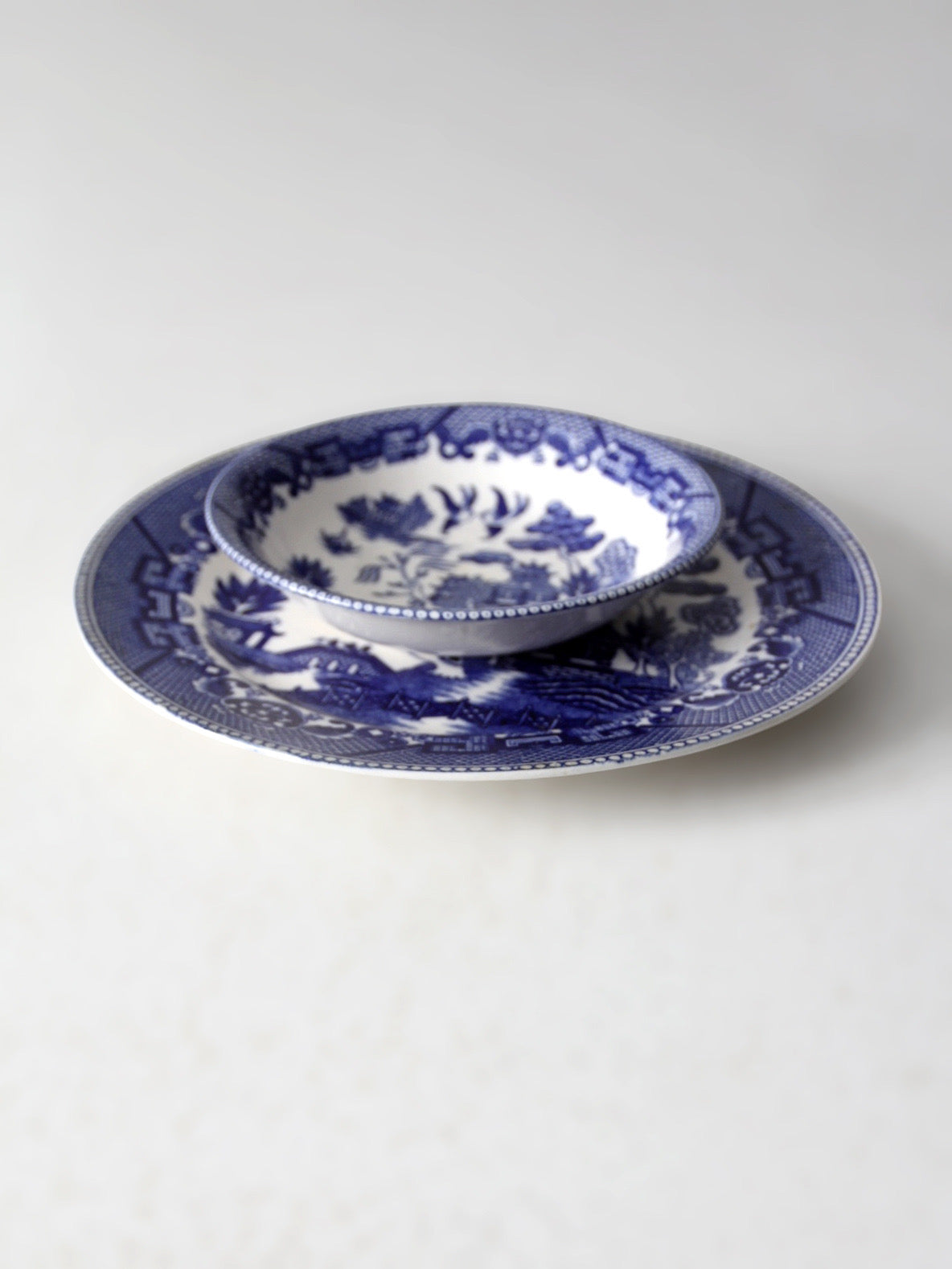 vintage Japanese blue willow dish pair
