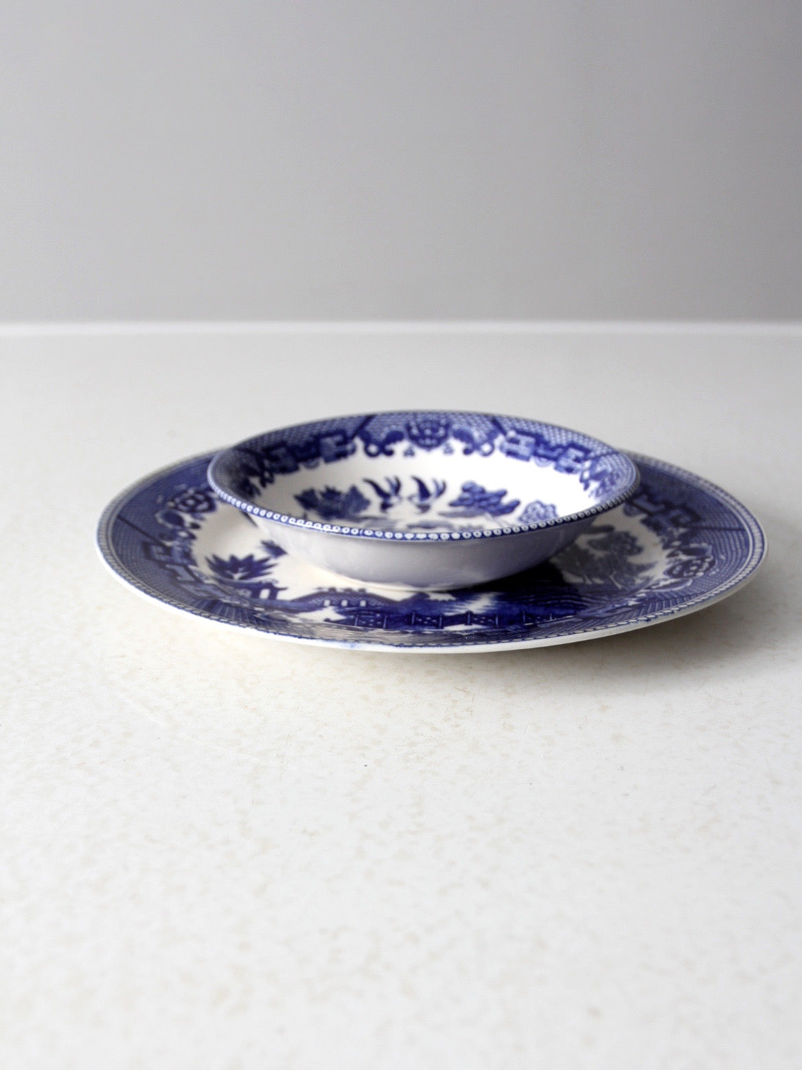 vintage Japanese blue willow dish pair