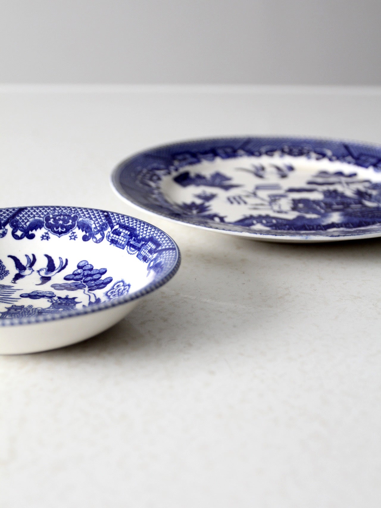vintage Japanese blue willow dish pair
