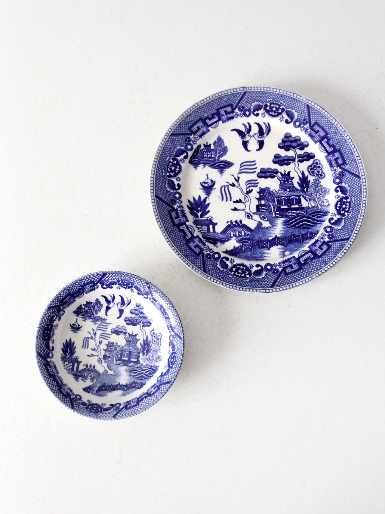 vintage Japanese blue willow dish pair