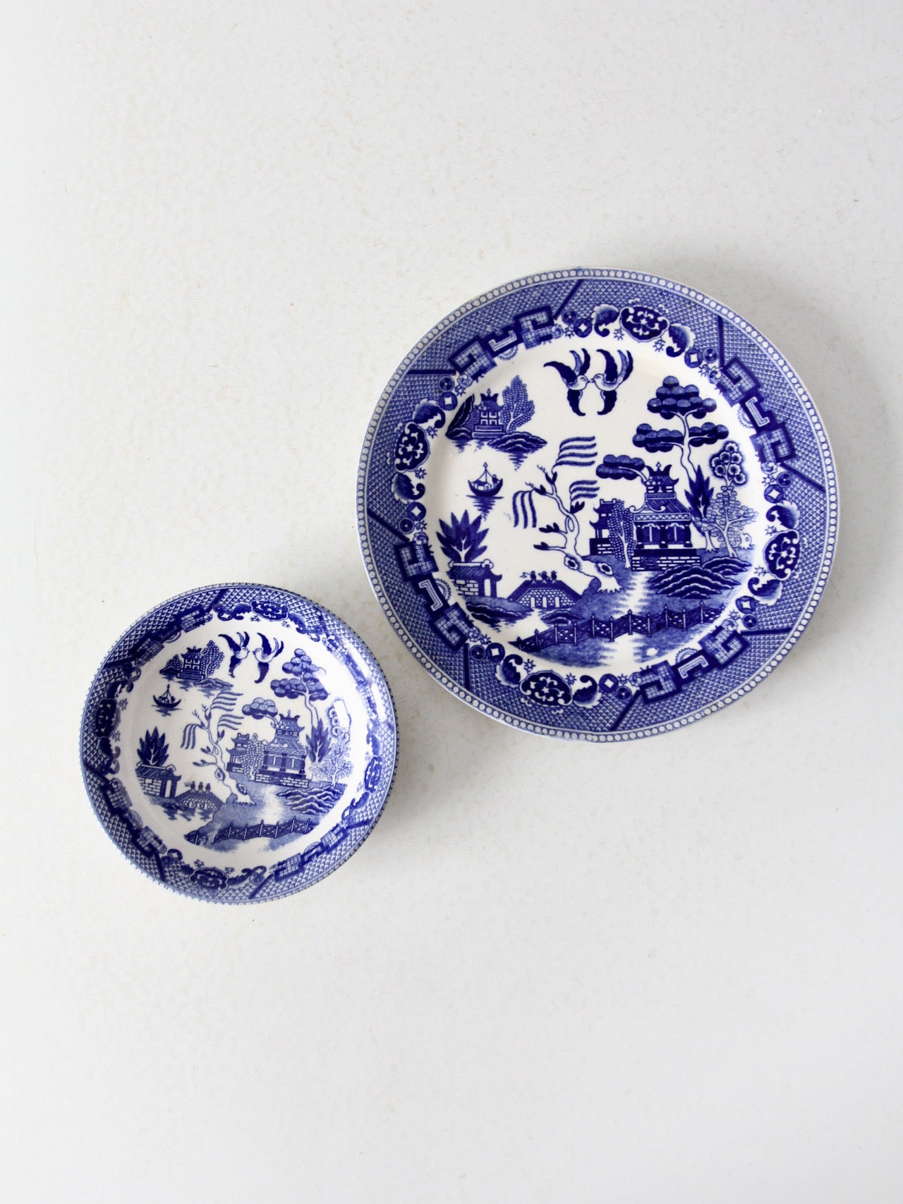 vintage Japanese blue willow dish pair