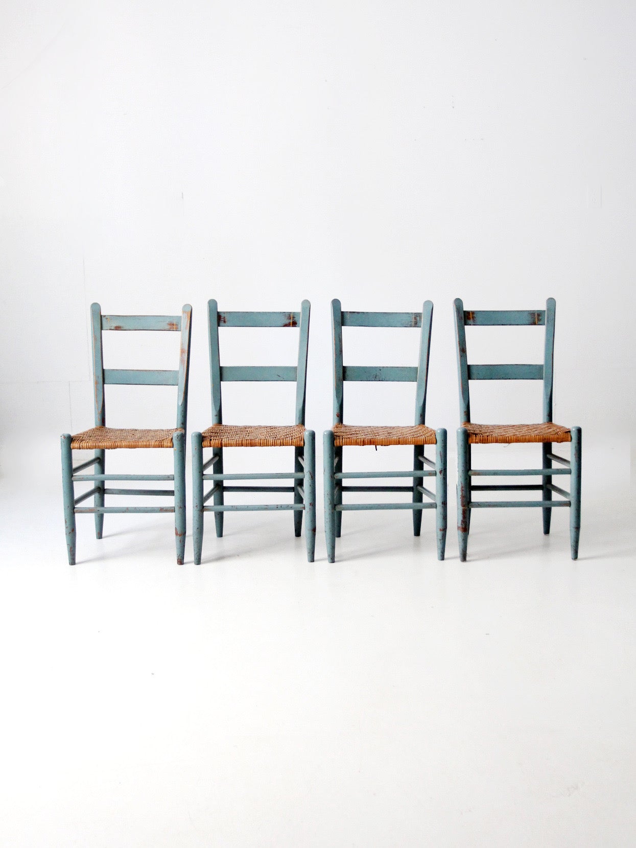 antique blue painted ladderback rush seat dining chairs | set of 4