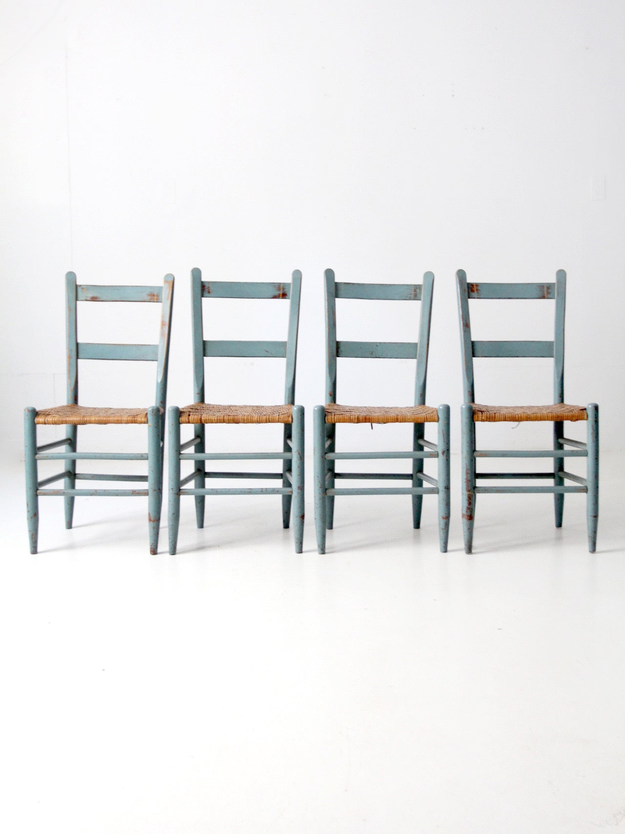 antique blue painted ladderback rush seat dining chairs | set of 4