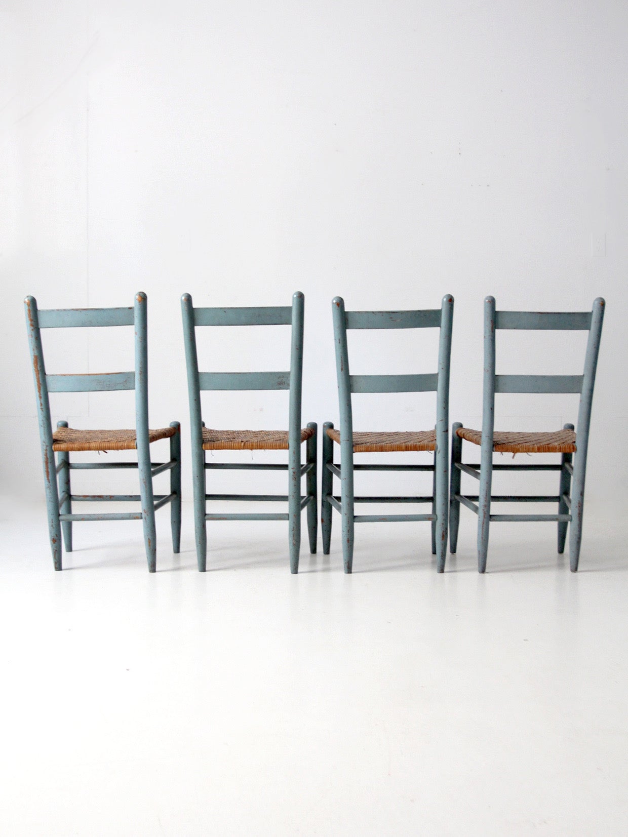 antique blue painted ladderback rush seat dining chairs | set of 4