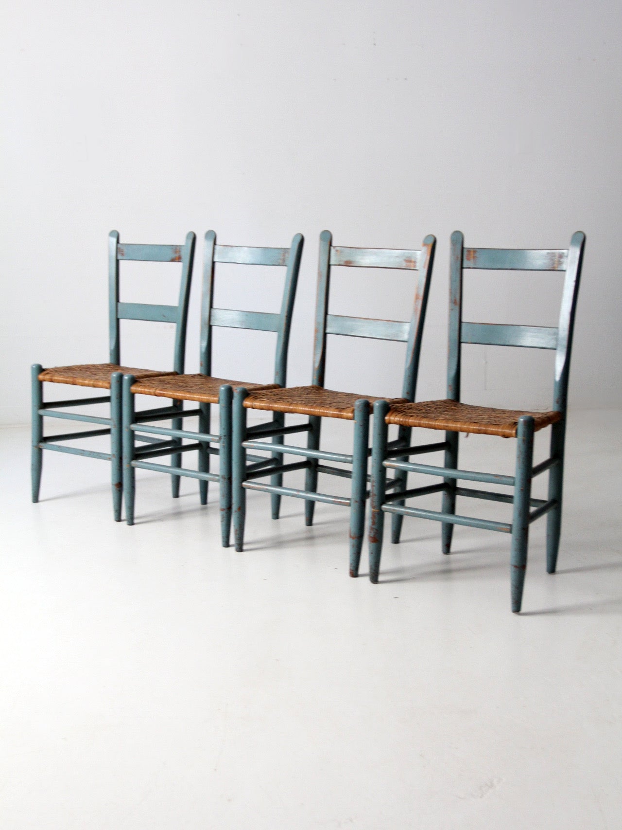 antique blue painted ladderback rush seat dining chairs | set of 4
