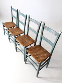 antique blue painted ladderback rush seat dining chairs | set of 4