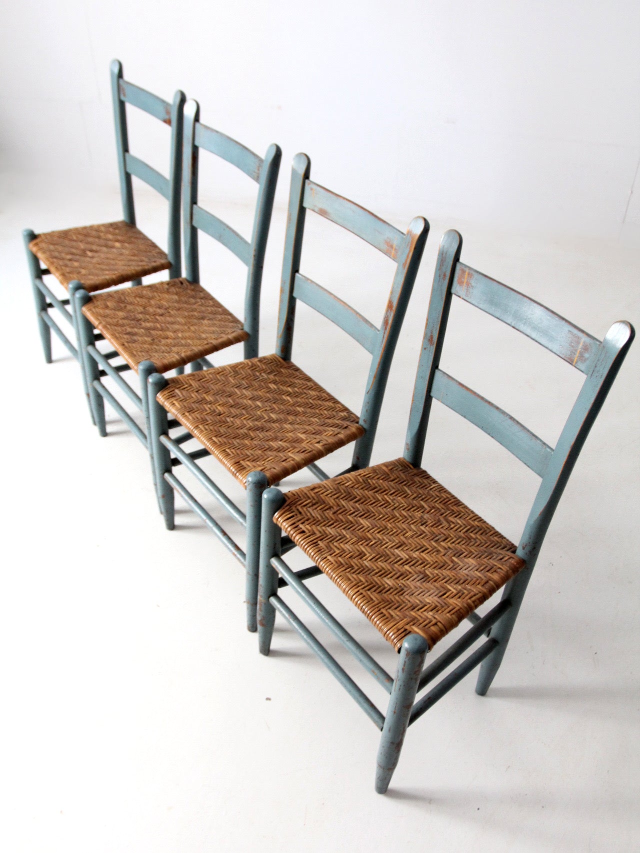 antique blue painted ladderback rush seat dining chairs | set of 4