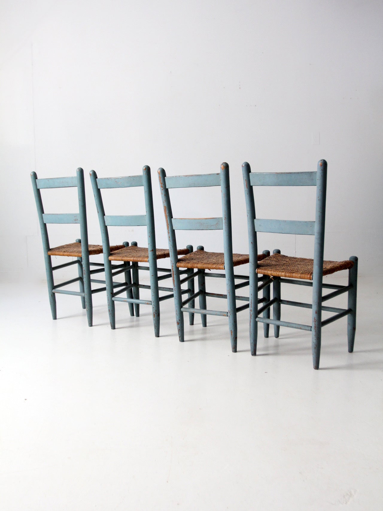 antique blue painted ladderback rush seat dining chairs | set of 4