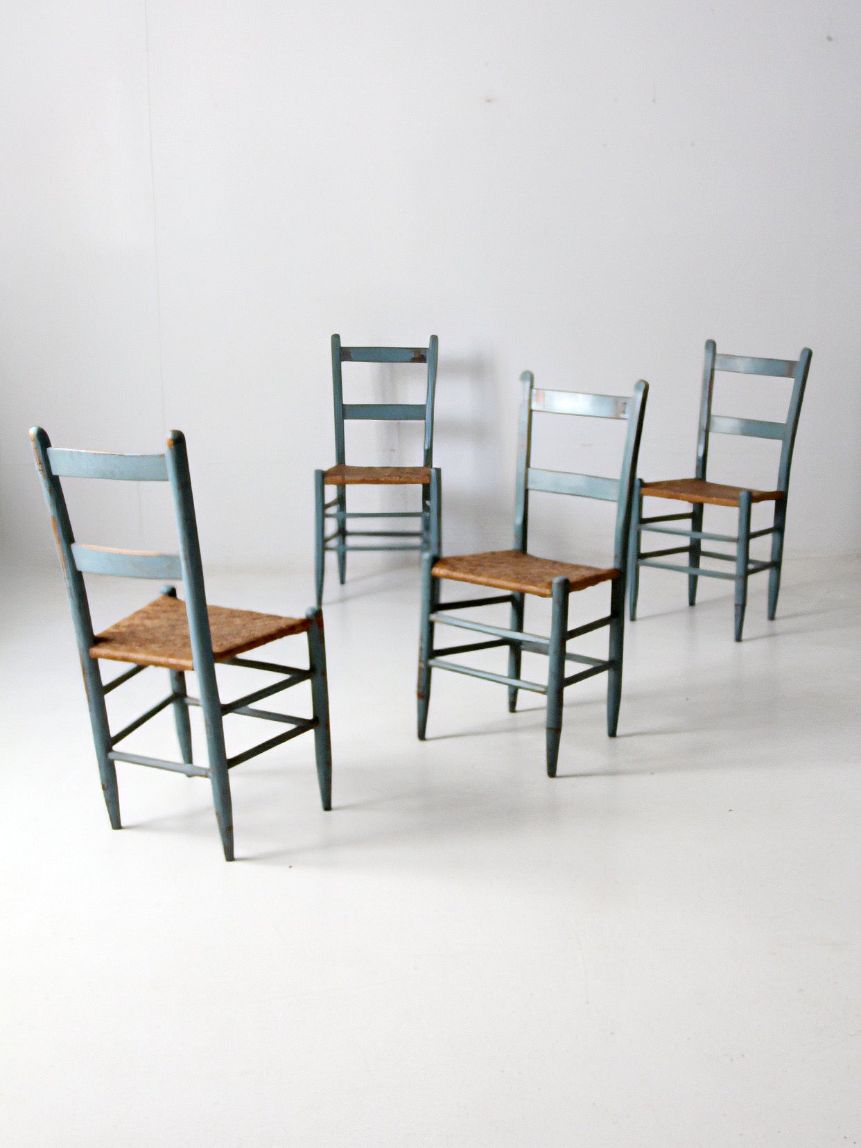 antique blue painted ladderback rush seat dining chairs | set of 4