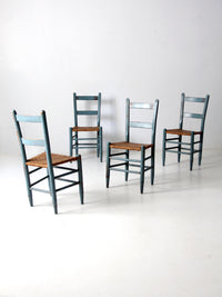 antique blue painted ladderback rush seat dining chairs | set of 4