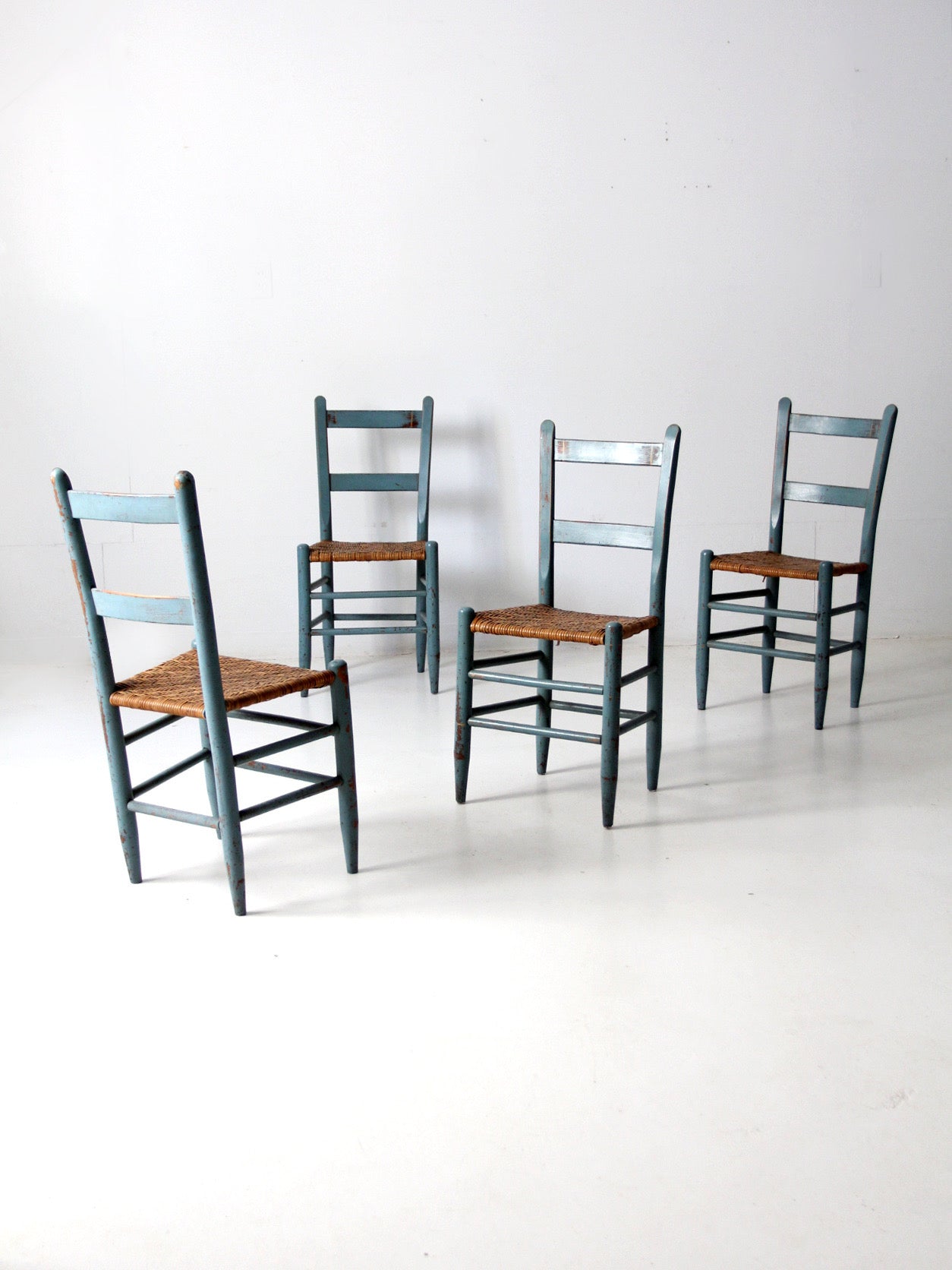 antique blue painted ladderback rush seat dining chairs | set of 4