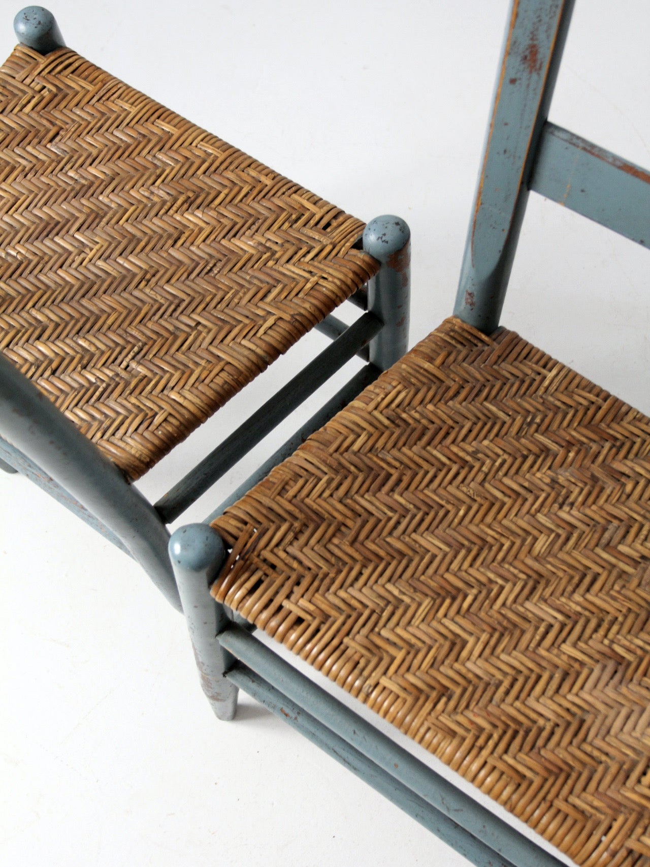 antique blue painted ladderback rush seat dining chairs | set of 4