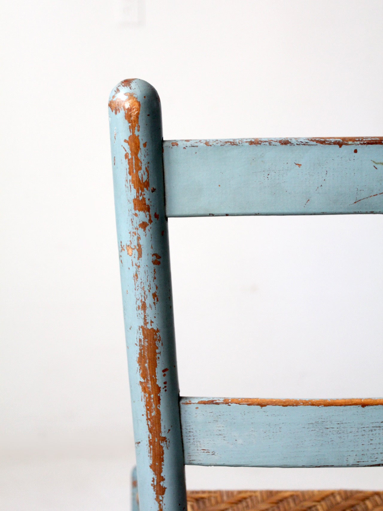 antique blue painted ladderback rush seat dining chairs | set of 4