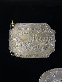 vintage 1970s belt buckles with Americana logos