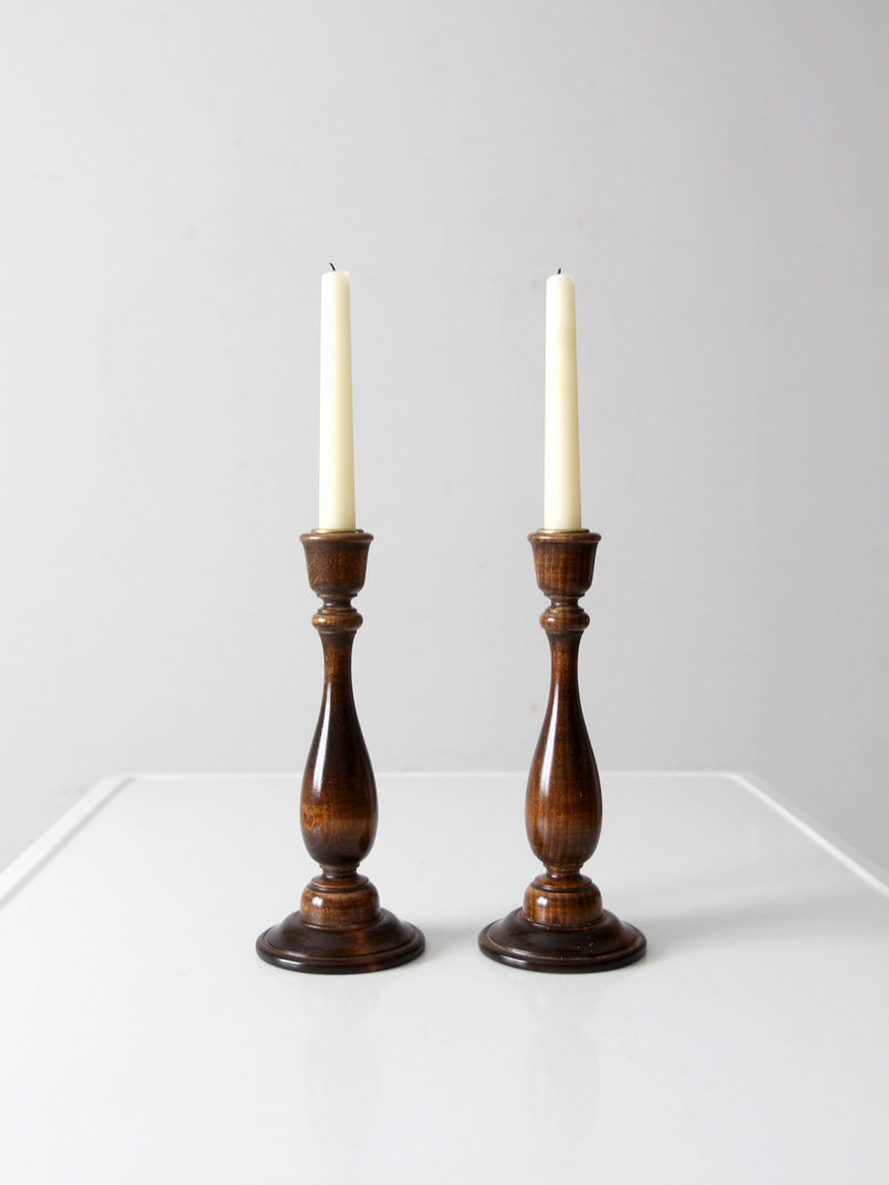 vintage wooden candlestick holders pair