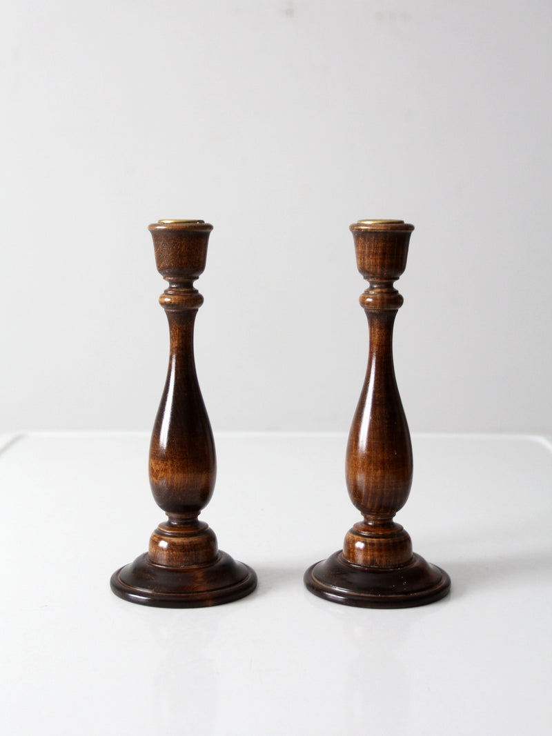 vintage wooden candlestick holders pair