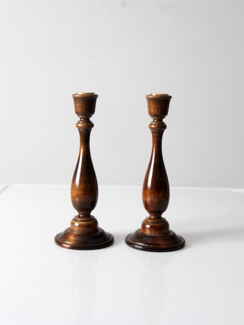 vintage wooden candlestick holders pair